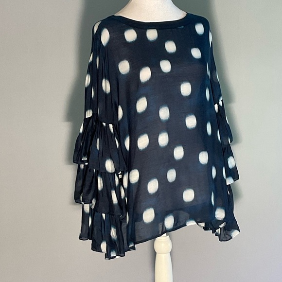 Chico's Size 2 Sheer Navy/Big White Polka Dots, Multi-Tiered Gathered Sleeves - Picture 11 of 16